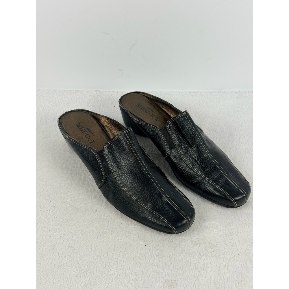 Sesto Meucci Mules Womens 8.5 M Black Pebbled Leather Wedge Slides Made in Italy